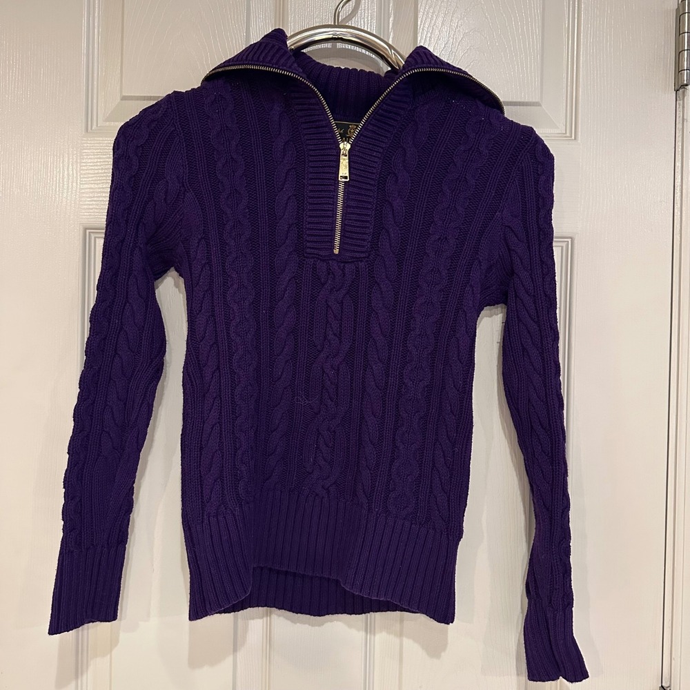 Lauren Ralph Lauren Purple Cable Knit Black Label Quarter Zip Cotton Sweater XS